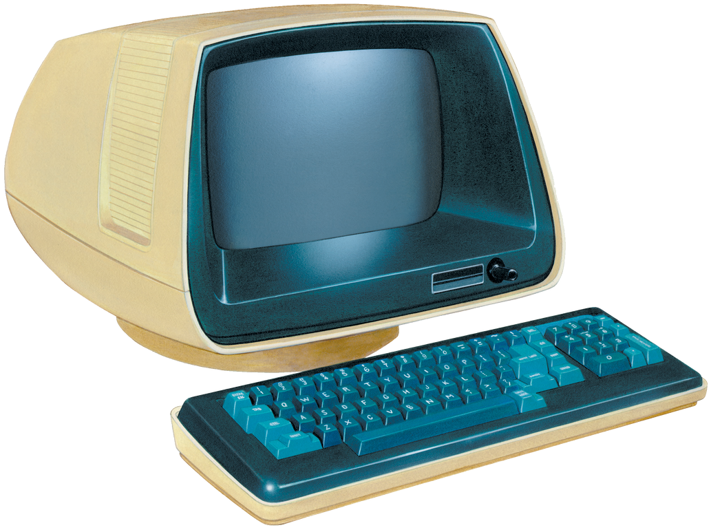 a retro computer with a blue keyboard and screen