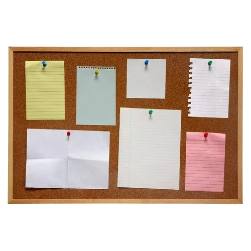 a cork board with several colorful papers on it