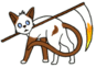 a blinking white and brown cat holding a scythe in its mouth