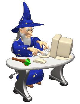 an old 3D gif of a wizard at a computer, typing with his pointer fingers